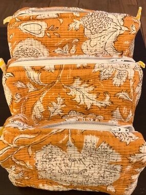 Raj Kantha Orange Quilted Cotton Floral Cosmetic Bag Set of 3